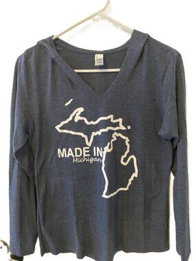 “Made in Michigan” District Women's Blue Long Sleeve Hooded Tee